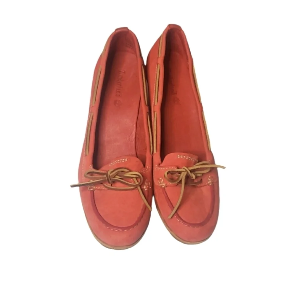 Timberland Coral Red Leather Wedge Heel Boat Shoes Size 6.5M